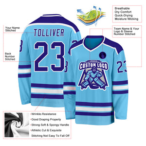 Custom Sky Blue Dark Purple-White Hockey Jersey