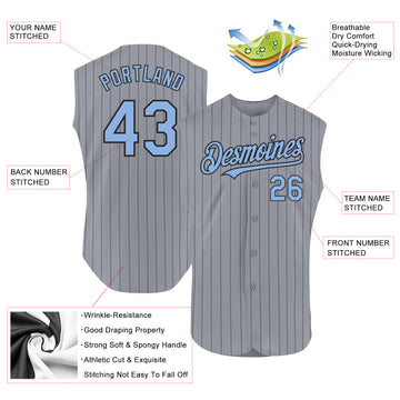 Custom Gray Black Pinstripe Light Blue Authentic Sleeveless Baseball Jersey