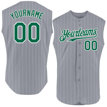 Custom Gray White Pinstripe Kelly Green Authentic Sleeveless Baseball Jersey