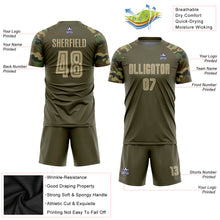 Load image into Gallery viewer, Custom Olive Vegas Gold-Camo Sublimation Salute To Service Soccer Uniform Jersey
