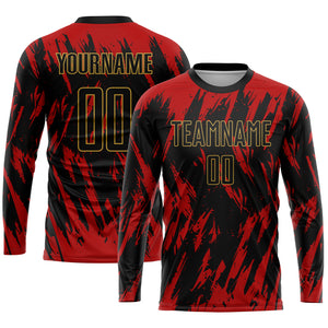 Custom Red Black-Old Gold Sublimation Soccer Uniform Jersey