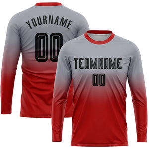 Custom Gray Black-Red Sublimation Long Sleeve Fade Fashion Soccer Uniform Jersey