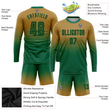 Load image into Gallery viewer, Custom Old Gold Kelly Green Sublimation Long Sleeve Fade Fashion Soccer Uniform Jersey
