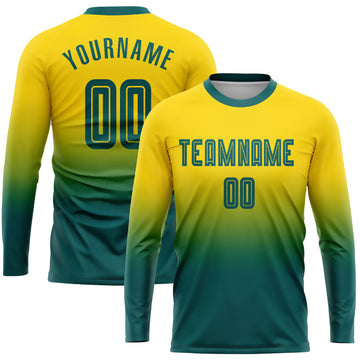 Custom Gold Aqua Sublimation Long Sleeve Fade Fashion Soccer Uniform Jersey