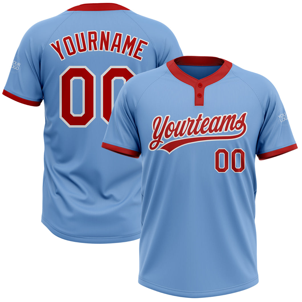 Custom Light Blue Red-White Two-Button Unisex Softball Jersey