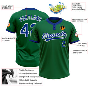 Custom Kelly Green Royal-White Two-Button Unisex Softball Jersey