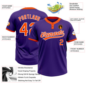 Custom Purple Orange-White Two-Button Unisex Softball Jersey