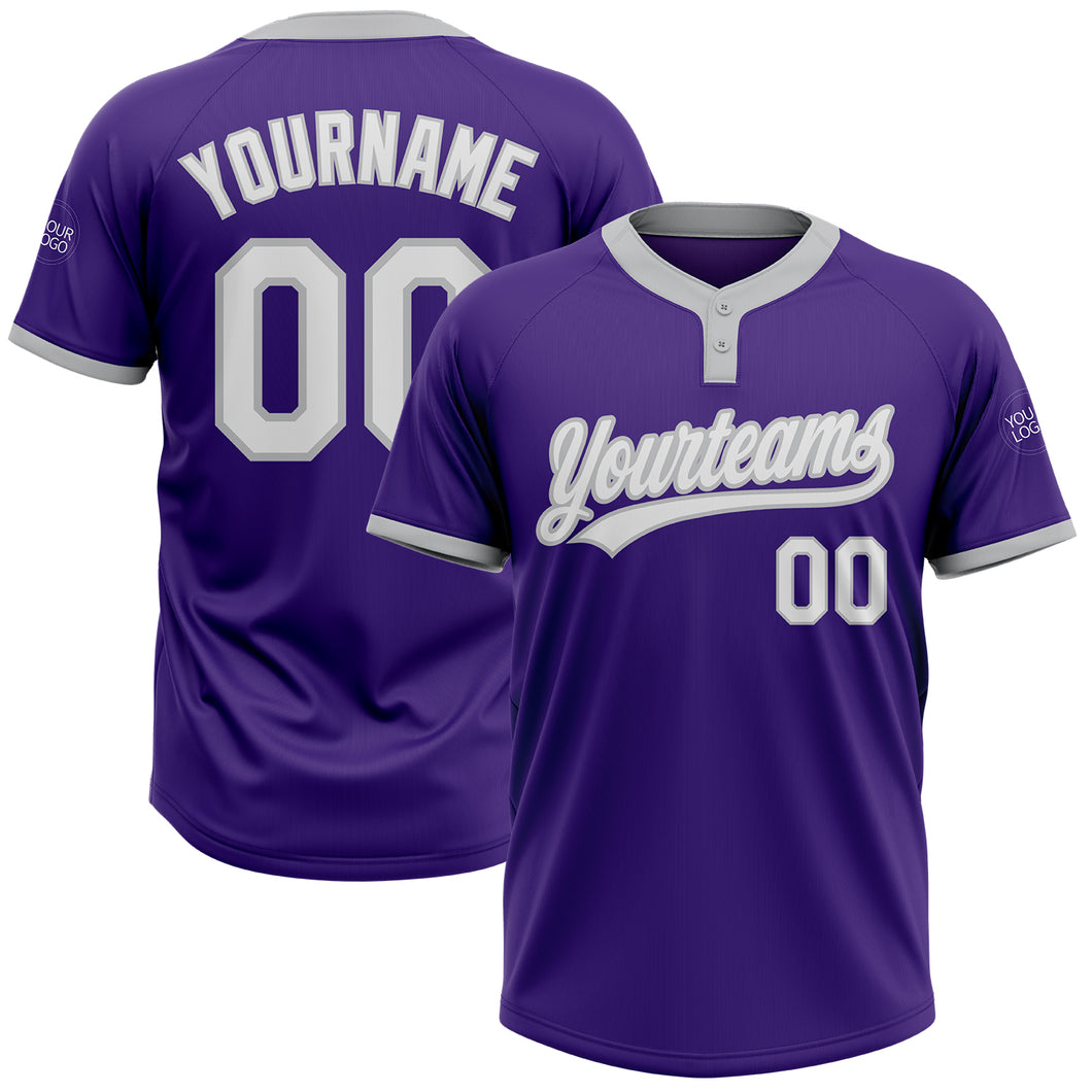 Custom Purple White-Gray Two-Button Unisex Softball Jersey