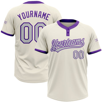 Custom Cream Gray-Purple Two-Button Unisex Softball Jersey