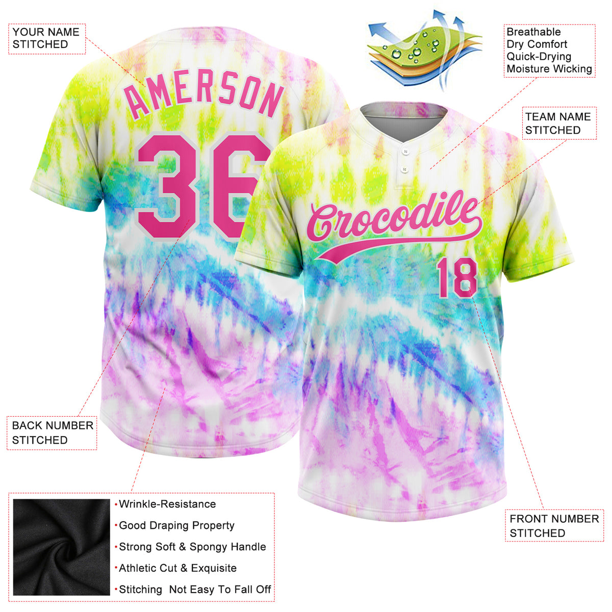 Custom Tie Dye Pink-Purple 3D Rainbow Two-Button Unisex Softball Jersey ...