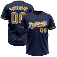 Load image into Gallery viewer, Custom Navy Old Gold-White Two-Button Unisex Softball Jersey
