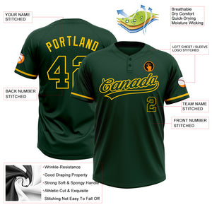 Custom Green Green-Yellow Two-Button Unisex Softball Jersey