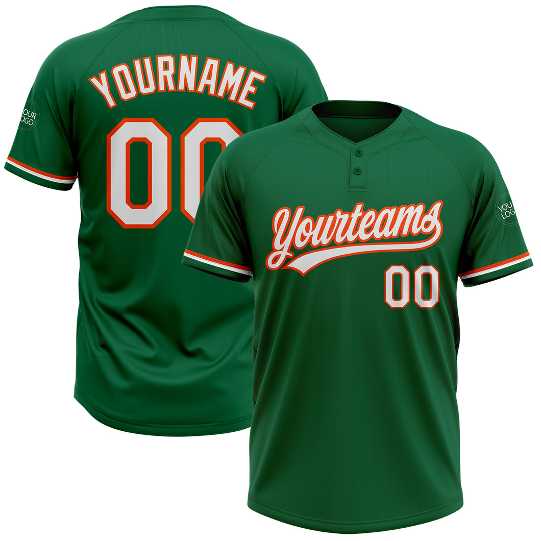 Custom Kelly Green White-Orange Two-Button Unisex Softball Jersey