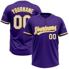 Load image into Gallery viewer, Custom Purple White-Gold Two-Button Unisex Softball Jersey
