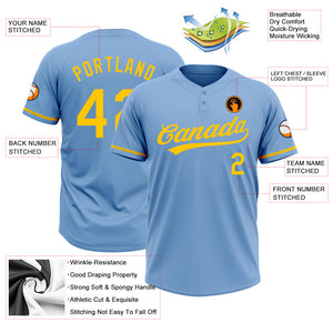 Custom Light Blue Yellow Two-Button Unisex Softball Jersey