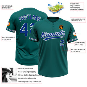 Custom Teal Royal-White Two-Button Unisex Softball Jersey