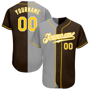 Custom Brown Gold-Gray Authentic Split Fashion Baseball Jersey