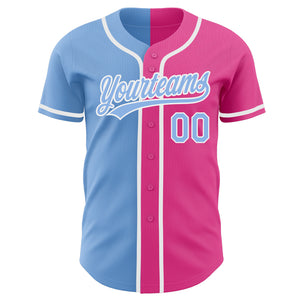 Custom Pink Light Blue-White Authentic Split Fashion Baseball Jersey