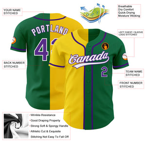 Custom Kelly Green Purple-Yellow Authentic Split Fashion Baseball Jersey