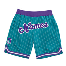 Load image into Gallery viewer, Custom Teal White Pinstripe Purple-White Authentic Basketball Shorts
