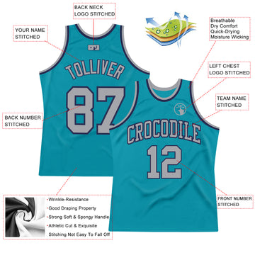 Custom Teal Gray-Navy Authentic Throwback Basketball Jersey