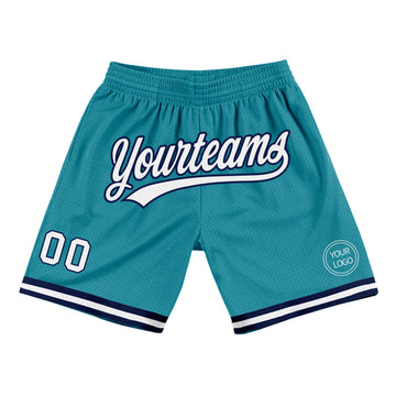 Custom Teal White-Navy Authentic Throwback Basketball Shorts