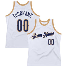 Load image into Gallery viewer, Custom White Navy-Old Gold Authentic Throwback Basketball Jersey
