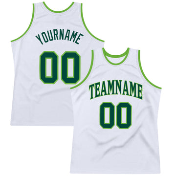 Custom White Hunter Green-Neon Green Authentic Throwback Basketball Jersey