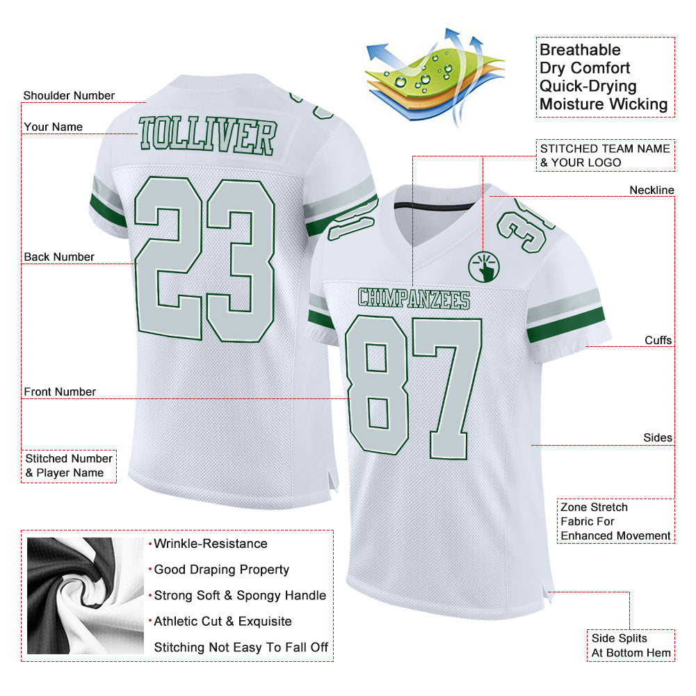 Custom White Silver-Green Mesh Authentic Football Jersey Sale– Fcustom