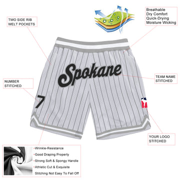 Custom White Black Pinstripe Black-Gray Authentic Basketball Shorts