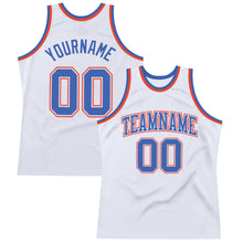 Load image into Gallery viewer, Custom White Blue-Orange Authentic Throwback Basketball Jersey
