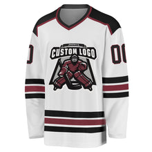 Load image into Gallery viewer, Custom White Black-Burgundy Hockey Jersey
