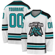 Load image into Gallery viewer, Custom White Aqua-Black Hockey Jersey
