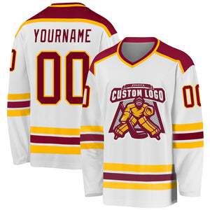 Custom White Maroon-Gold Hockey Jersey