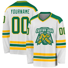 Load image into Gallery viewer, Custom White Kelly Green-Gold Hockey Jersey
