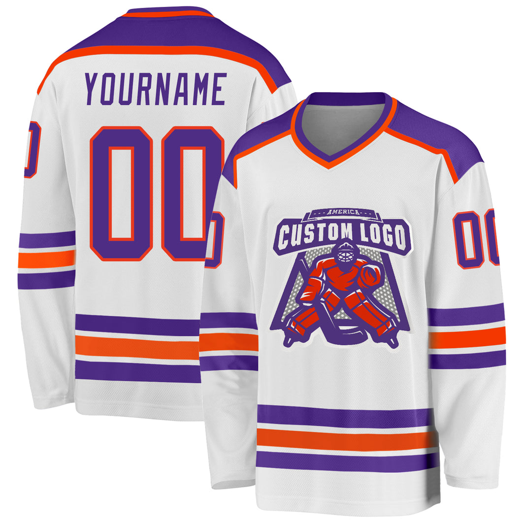 Custom White Purple-Orange Hockey Jersey