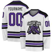 Load image into Gallery viewer, Custom White Purple-Black Hockey Jersey
