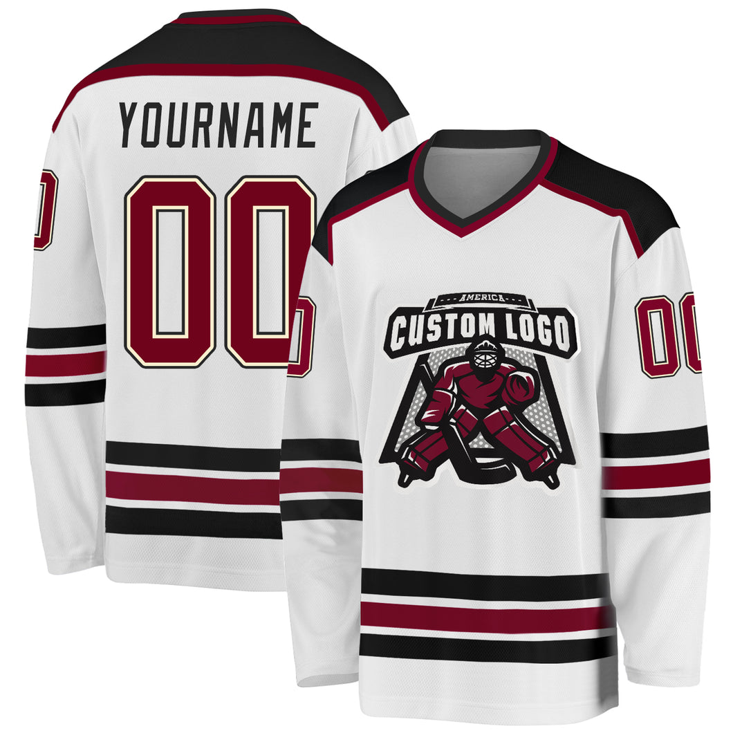 Custom White Maroon Cream-Black Hockey Jersey