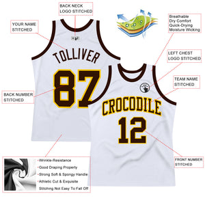 Custom White Brown-Gold Authentic Throwback Basketball Jersey