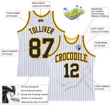Load image into Gallery viewer, Custom White Black Pinstripe Black-Gold Authentic Basketball Jersey

