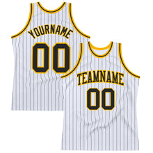 Load image into Gallery viewer, Custom White Black Pinstripe Black-Gold Authentic Basketball Jersey
