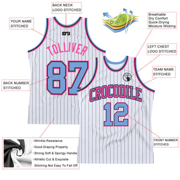 Custom White Black Pinstripe Light Blue-Pink Authentic Basketball Jersey