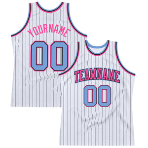 Custom White Black Pinstripe Light Blue-Pink Authentic Basketball Jersey