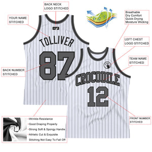 Custom White Black Pinstripe Steel Gray Authentic Basketball Jersey