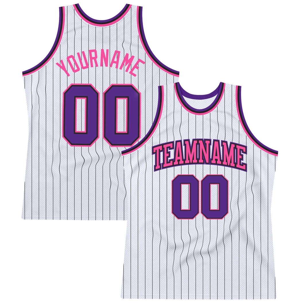 Custom White Black Pinstripe Purple-Pink Authentic Basketball Jersey