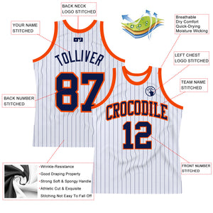 Custom White Navy Pinstripe Navy-Orange Authentic Basketball Jersey