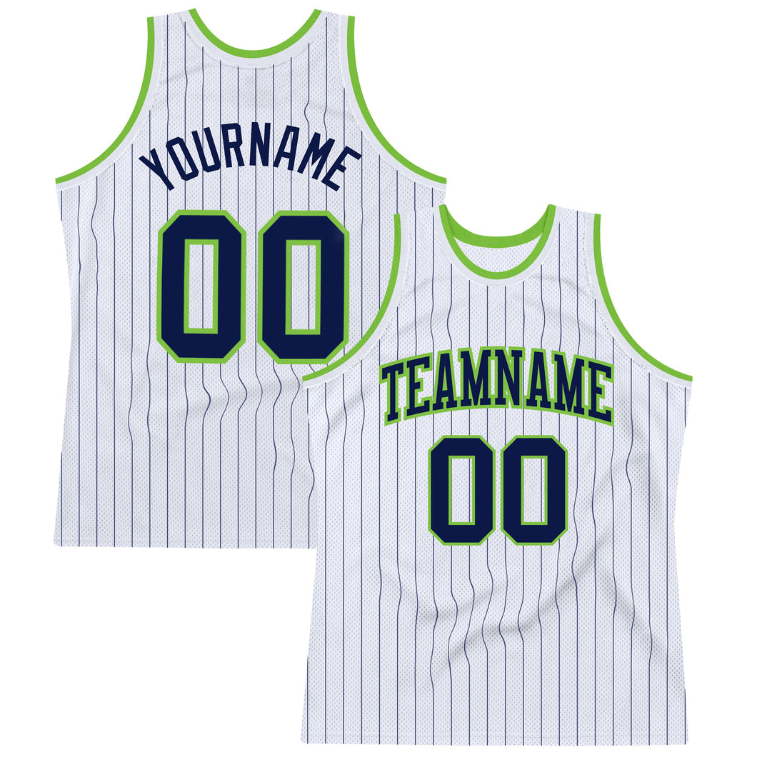 Custom White Navy Pinstripe Navy-Neon Green Authentic Basketball Jersey