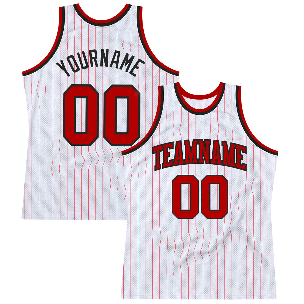 Custom White Red Pinstripe Red-Black Authentic Basketball Jersey