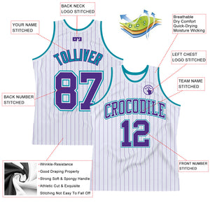 Custom White Purple Pinstripe Purple-Teal Authentic Basketball Jersey