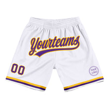 Load image into Gallery viewer, Custom White Purple-Gold Authentic Throwback Basketball Shorts
